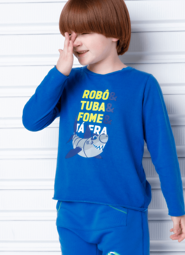 Camiseta Infantil Manga Longa Algodão Tubarão Robô - Imagem 4