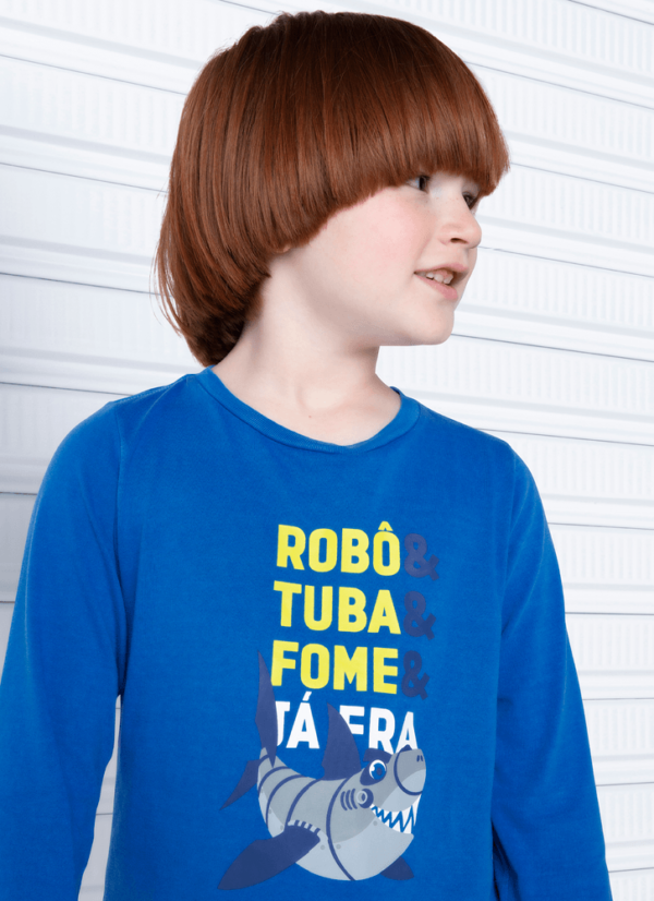 Camiseta Infantil Manga Longa Algodão Tubarão Robô - Imagem 3