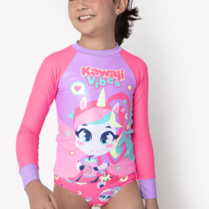 Camiseta Manga Longa Menina com Proteção Solar Unicórnio Kawaii