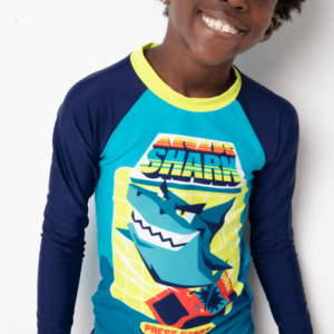 Camiseta Praia Com Proteção Solar Menino Tubarão Gamer