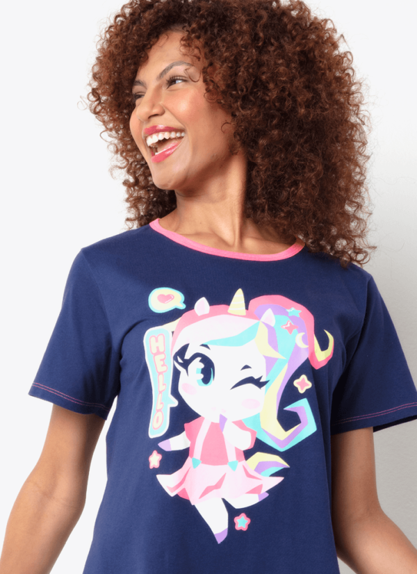 Camisola Manga Curta Algodão Feminino Unicórnio Kawaii - Imagem 3