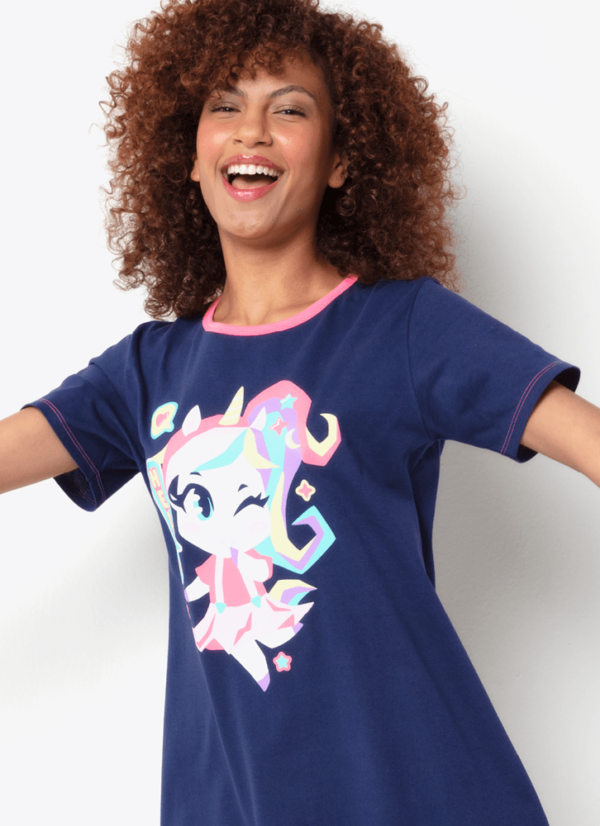 Camisola Manga Curta Algodão Feminino Unicórnio Kawaii - Imagem 2
