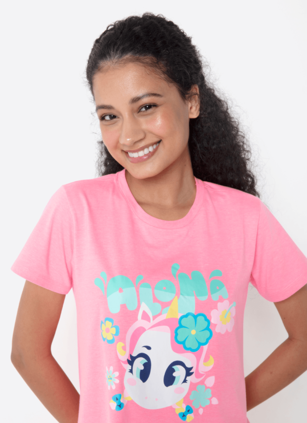 Camisola Manga Curta Algodão Feminina Unicórnio Aloha - Imagem 3