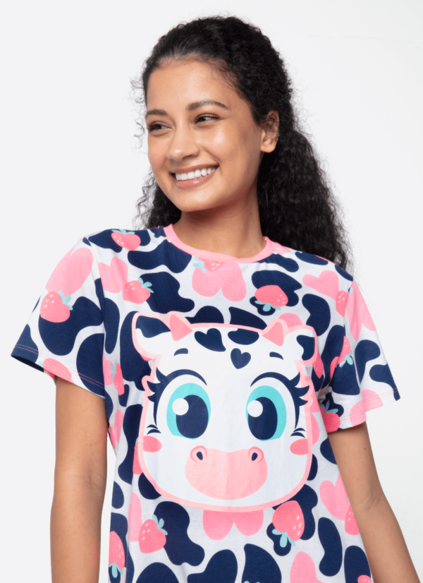 Camisola Manga Curta Algodão Feminino Vaca Romântica - Imagem 3
