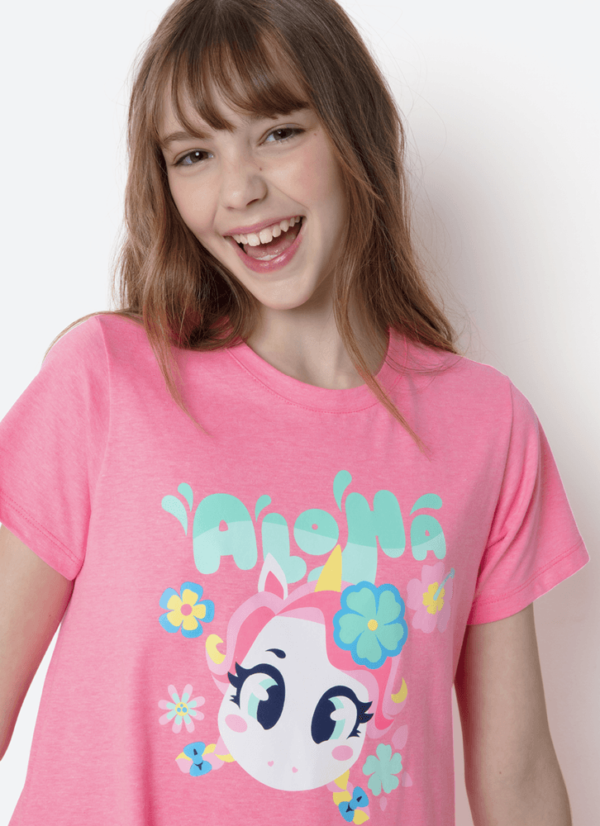 Camisola Manga Curta Algodão Menina Teen Unicórnio Aloha - Imagem 2