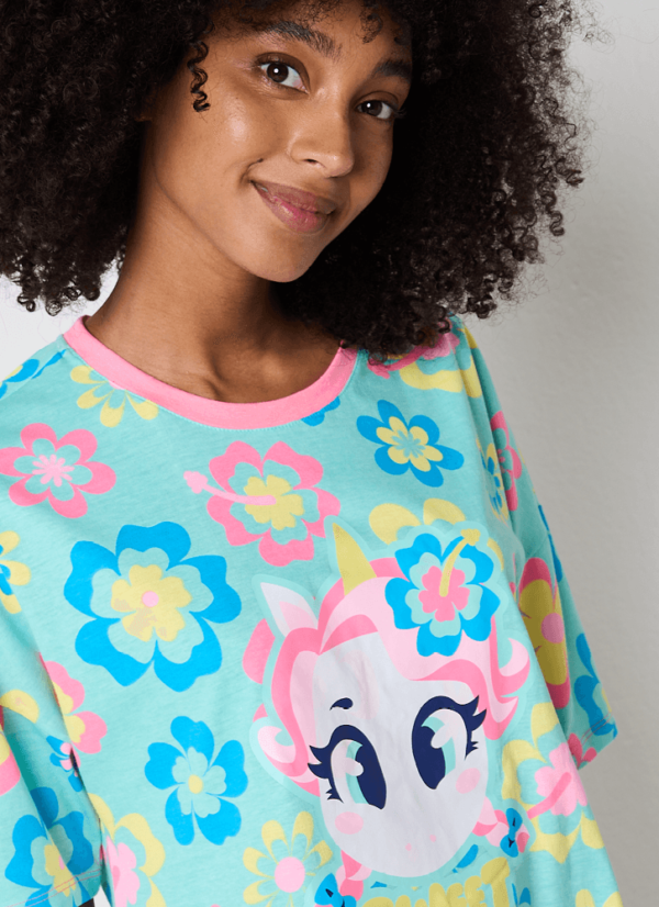 Camisola Manga Curta Algodão Feminina Unicórnio Aloha - Imagem 2