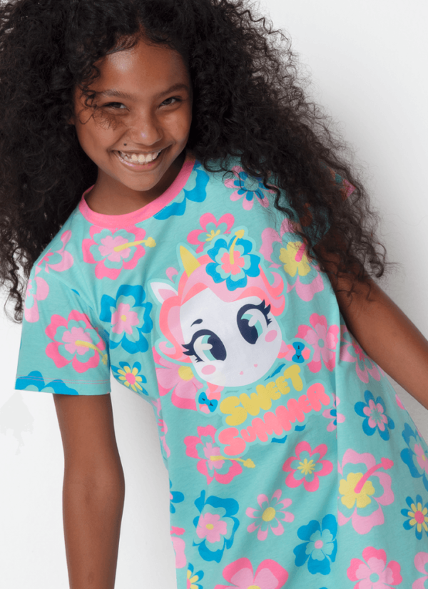 Camisola Manga Curta Algodão Menina Teen Unicórnio Aloha - Imagem 3