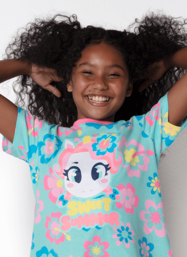 Camisola Manga Curta Algodão Menina Teen Unicórnio Aloha - Imagem 2