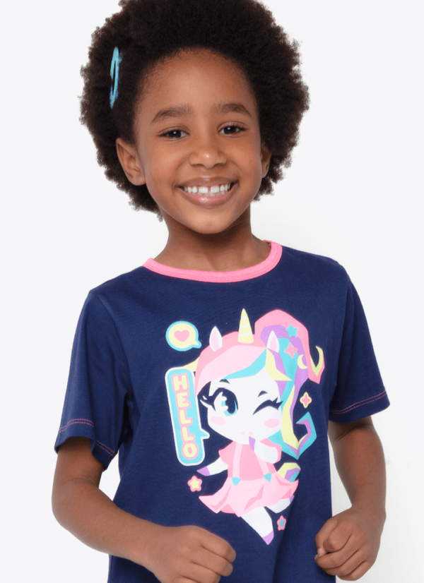 Camisola Manga Curta Algodão Menina Unicórnio Kawaii - Imagem 2