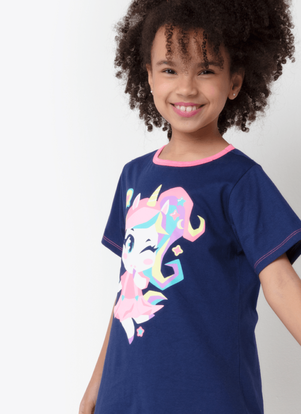 Camisola Manga Curta Algodão Menina Teen Unicórnio Kawaii - Imagem 3