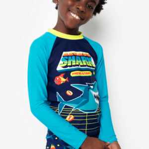 Conjunto Camiseta e Sunga com Proteção Solar Menino Tubarão Gamer