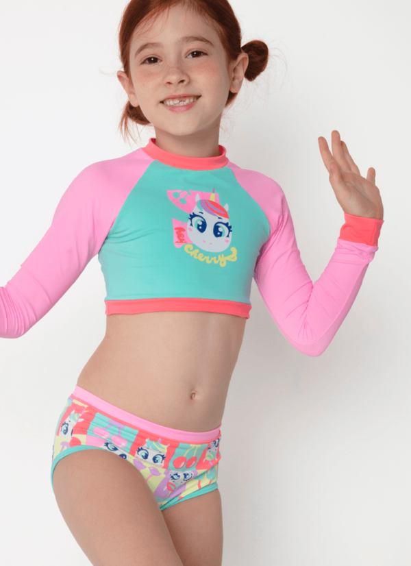 Conjunto Cropped e Calcinha Menina Com Proteção Solar Unicórnio Cherry - Imagem 2
