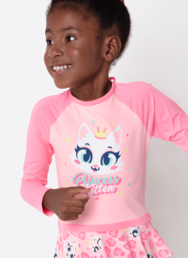 Maiô Manga Longa Menina Com Proteção Solar Gata Romântica - Imagem 4