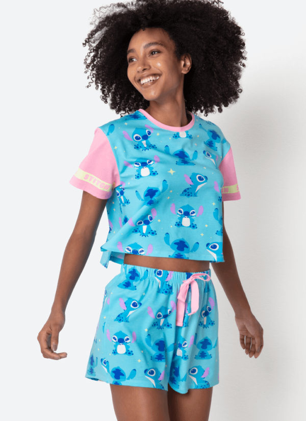 Pijama Manga Curta Viscolycra Feminino Stitch - Imagem 3