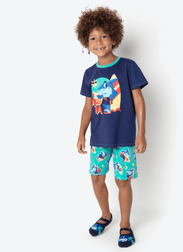 Pijama Manga Curta Algodão Menino Tubarão Aloha R$ 139,90
