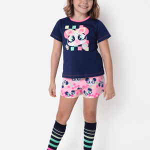 Pijama Manga Curta Algodão Menina Panda Miami