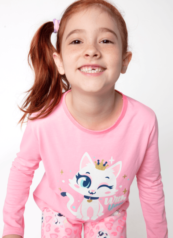 Pijama Manga Longa Menina Gata Romântica - Imagem 2
