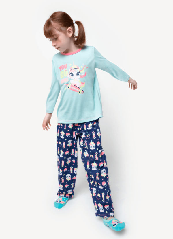 Pijama Manga Longa Algodão Menina Unicórnio Skate - Imagem 2