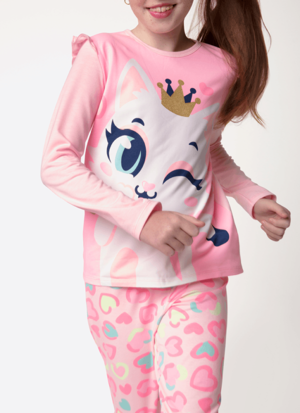 Pijama Manga Longa Viscolycra Menina Teen Gata Romântica - Imagem 2