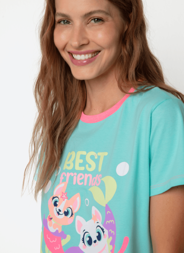 Pijama Manga Curta Algodão Feminino Pet Sereia - Imagem 2