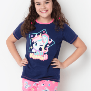 Pijama Manga Curta Algodão Menina Teen Unicórnio Kawaii