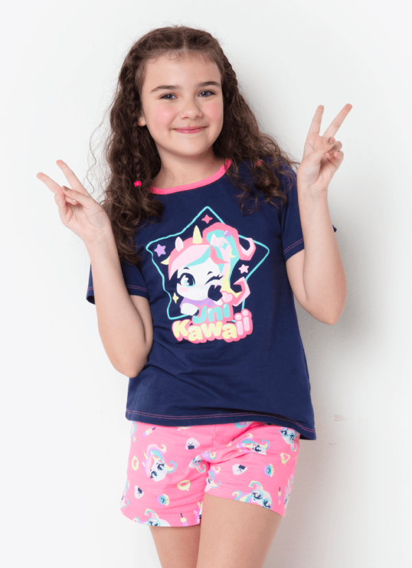 Pijama Manga Curta Algodão Menina Teen Unicórnio Kawaii - Imagem 3