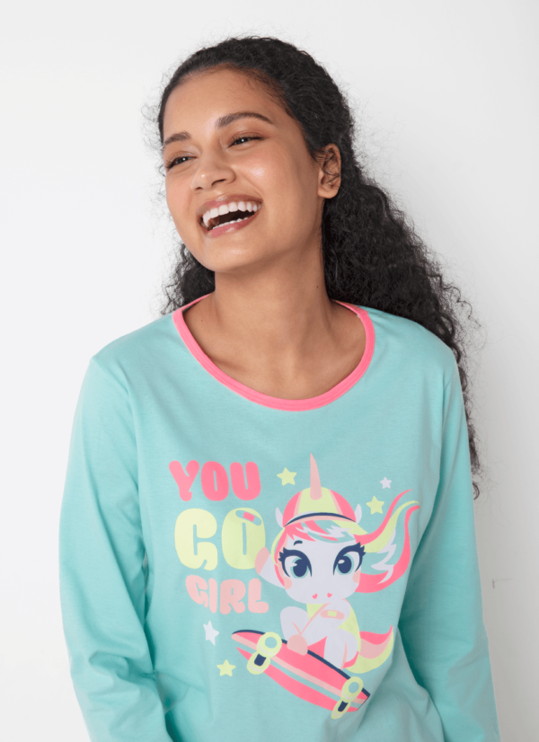 Pijama Manga Longa Algodão Feminino Unicórnio Skate - Imagem 3