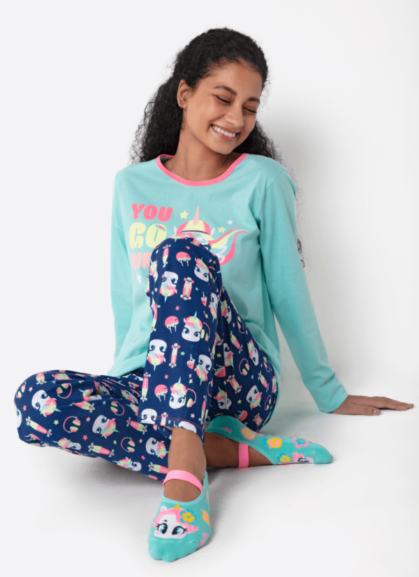 Pijama Manga Longa Algodão Feminino Unicórnio Skate - Imagem 4