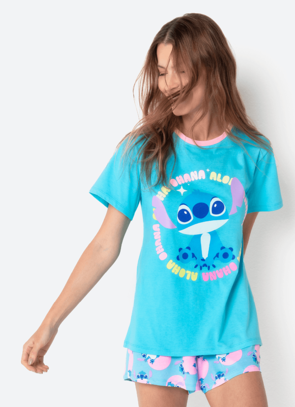 Pijama Manga Curta Algodão Feminino Stitch - Imagem 2