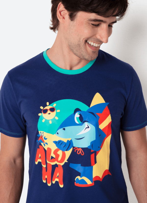 Pijama Manga Curta Algodão Masculino Tubarão Aloha - Imagem 2