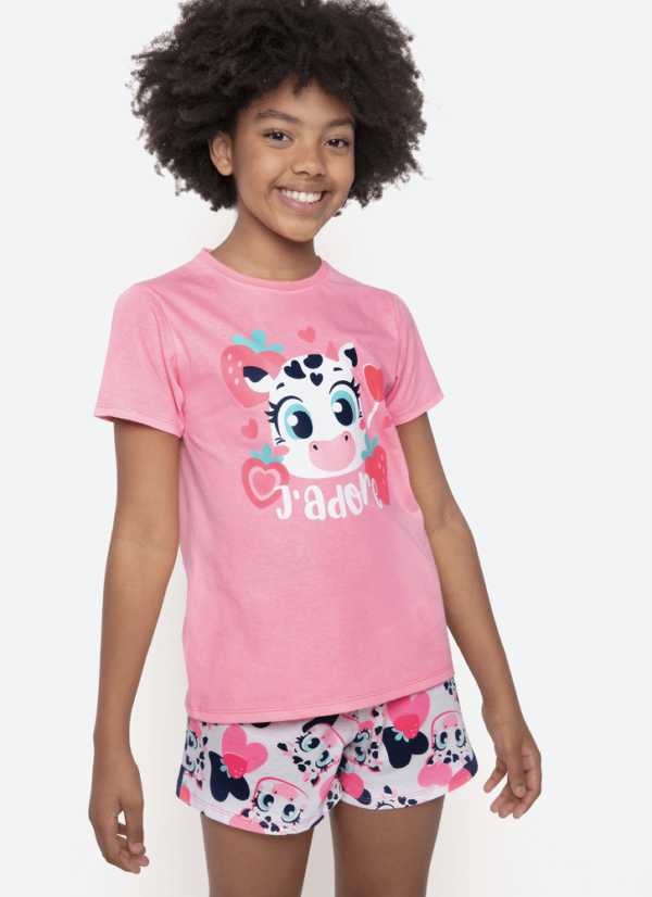 Pijama Manga Curta Alogodão Menina Teen Vaca Romântica - Imagem 3